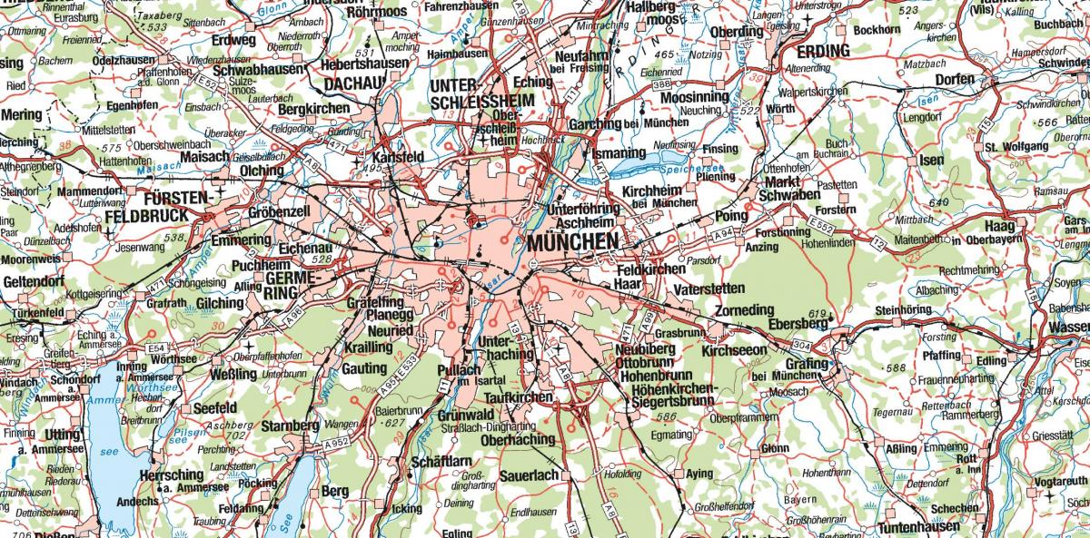 Карта на Мюнхен и околните населени места